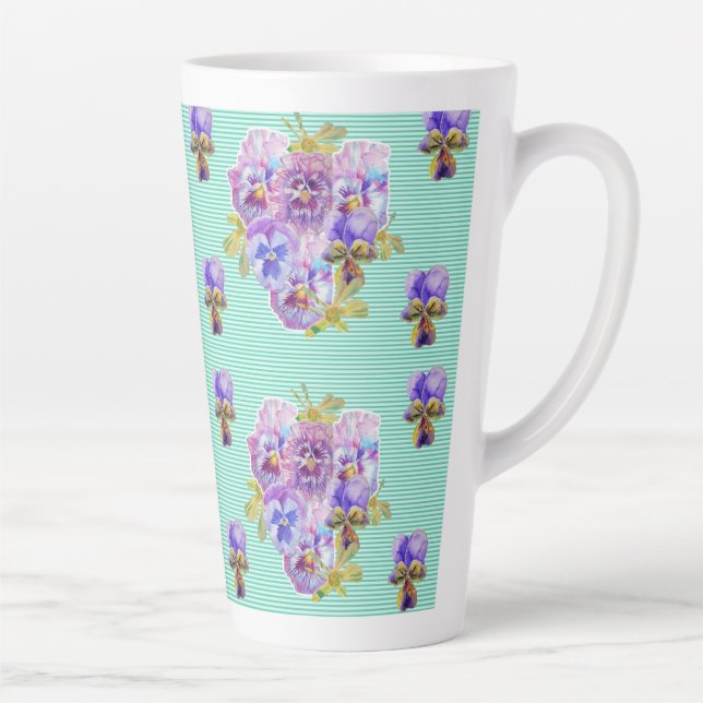 Shabby Chic Turquoise Aqua Pansy floral Latte Mug (Droite)