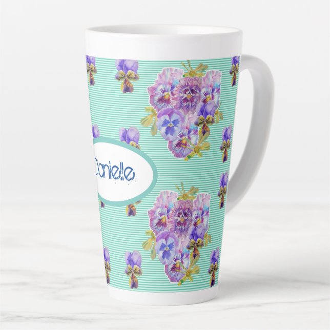 Shabby Chic Turquoise Aqua Pansy floral Latte Mug (Angle droit)
