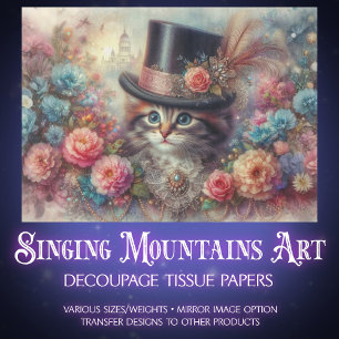 Shabby Chic Vintage Cat and Flowers Decoupage  Tissue Paper