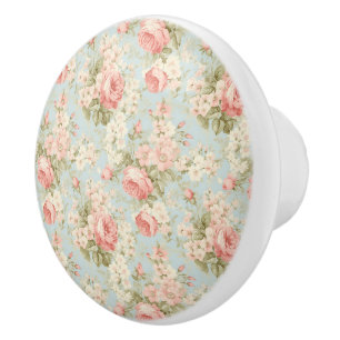 Shabby Chic Vintage Floral Victorian Pink Roses Ceramic Knob