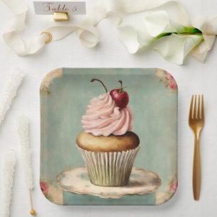 Shabby Chic Vintage French Country Pink Cupcake Paper Plate