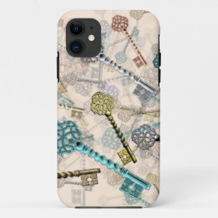 Shabby chic vintage keys print, subtle, pale shade iPhone 11 case