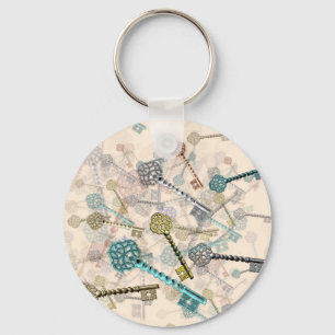 Shabby chic vintage keys print, subtle, pale shade keychain