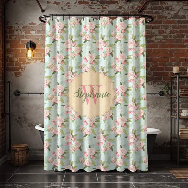 Shabby Chic Vintage Pink Floral Monogram Aqua (Creator Uploaded)