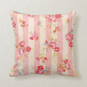 Shabby Chic Vintage Pink Stripes and Roses Throw Pillow
