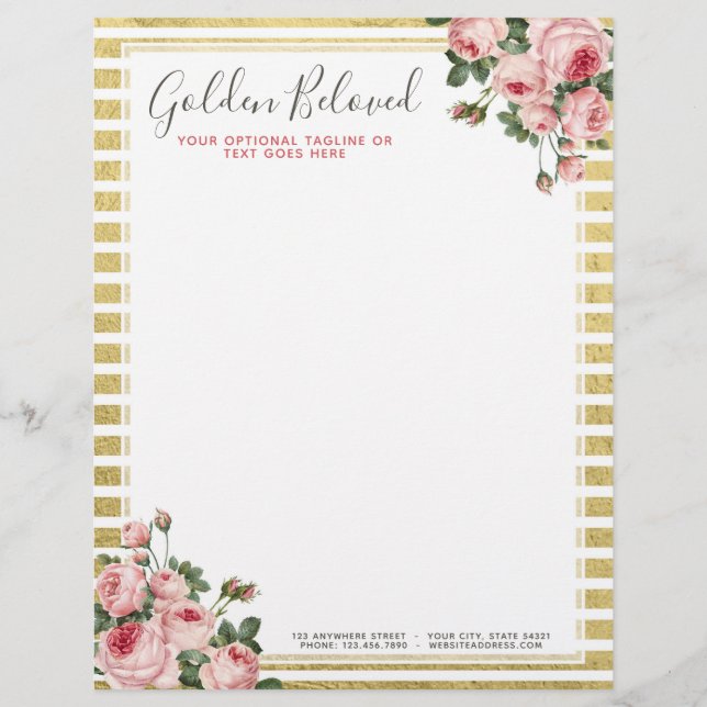 Shabby Chic Vintage Roses & Modern Gold Stripes Letterhead (Front)
