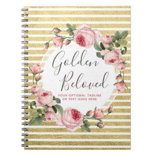 Shabby Chic Vintage Roses & Modern Gold Stripes Notebook