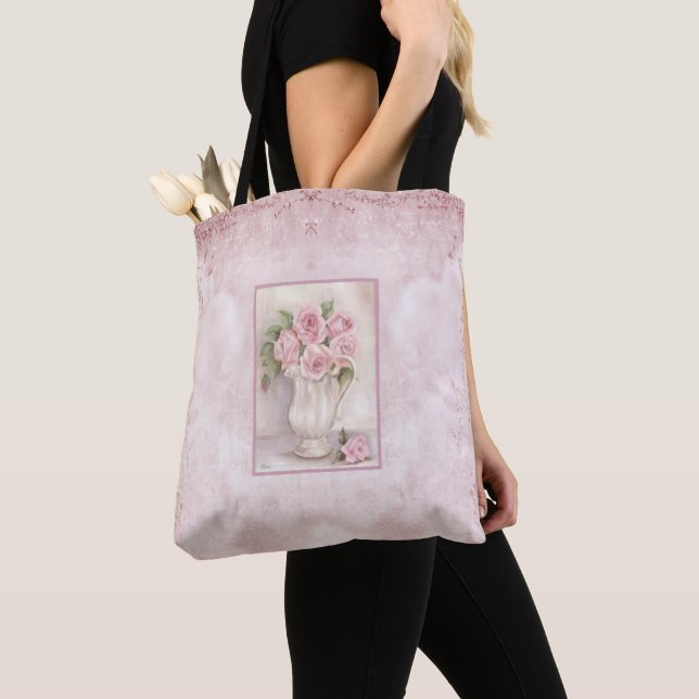 Shabby Chic Vintage Vase with Roses Tote Bag (Close Up)