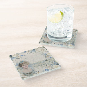 Shabby Chic Vintage Victorian Lady with Flowers Glass Coaster