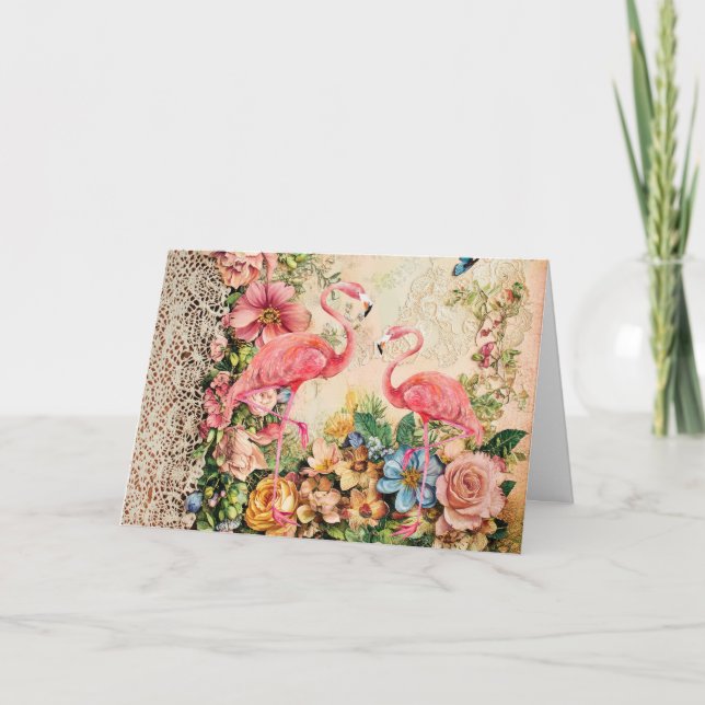 Shabby Chic Watercolor Floral Flamingo Card (Front)