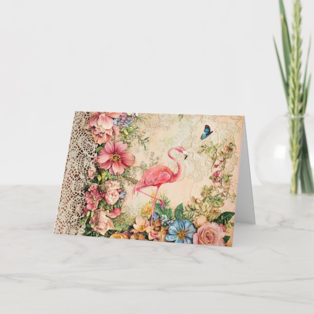 Shabby Chic Watercolor Floral Flamingo Card (Front)