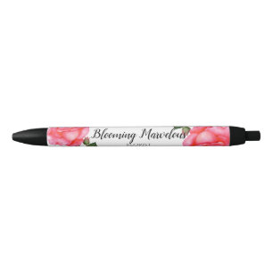 Shabby Chic Watercolor Pink Roses Floral Design Blue Ink Pen