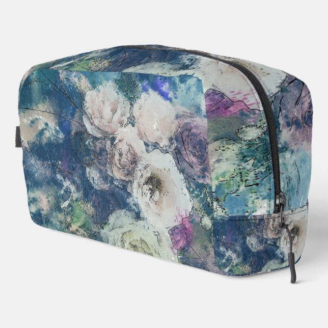 Shabby Chic White & Faded Pink Roses On Blue Dopp Kit (Right Corner)