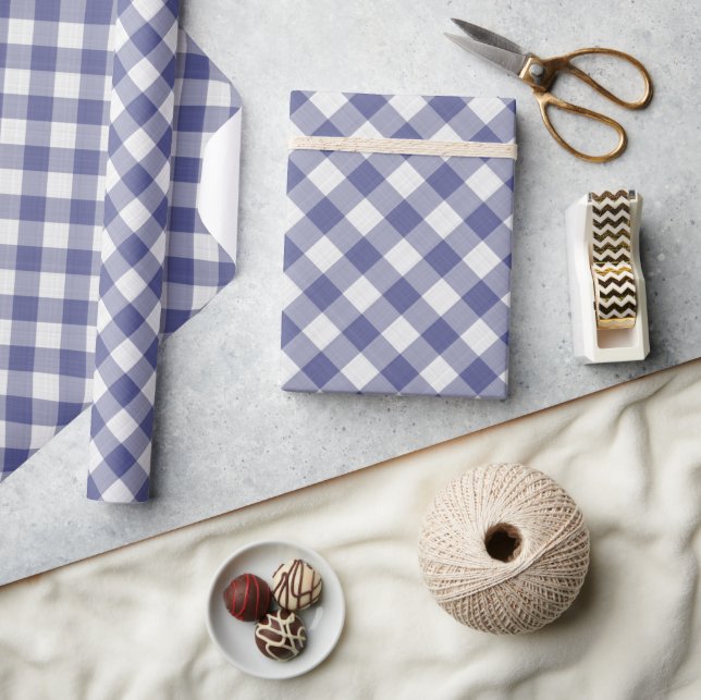 Shabby Chic White Purple Dark Blue Gingham Wrapping Paper (Crafts)