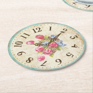 Shabby Clock with Tulips Tea Party Coasters