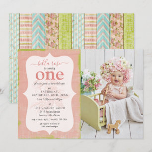 Shabby Cottage Pink Rose Baby Girl Birthday Photo  Invitation