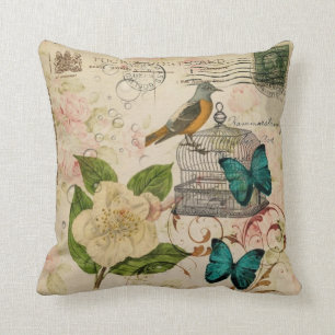 shabby elegance floral bird french botanical throw pillow