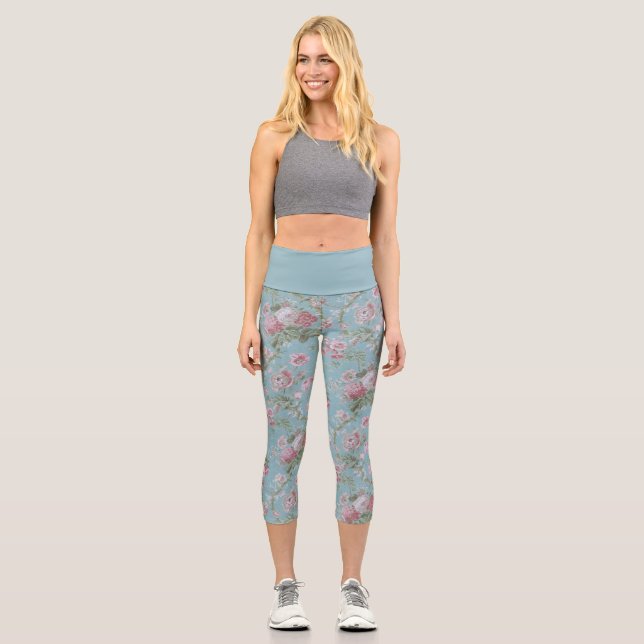 Shabby Elegant Pink and White Floral on Blue Capri Leggings (Front)