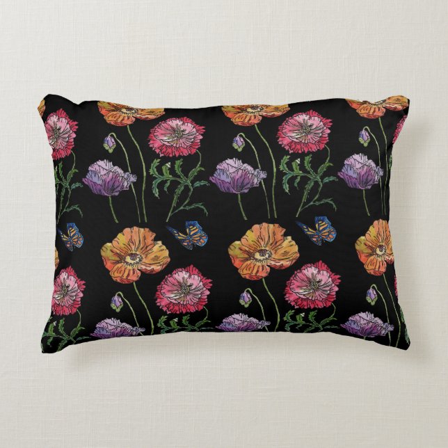 Shabby Orange Purple Yellow Poppy Decor Cushion (Front)