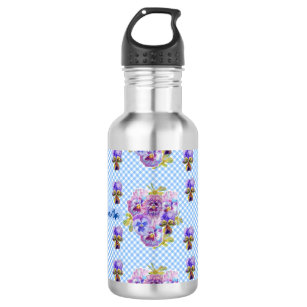 Shabby Pansy Floral Blue Gingham Flowers Girls 532 Ml Water Bottle