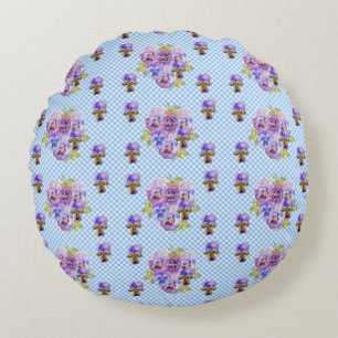 Shabby Pansy Floral Blue Gingham Flowers Retro Round Pillow