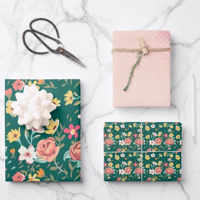 Shabby Pink Green Garden Wrapping Paper Sheet (Front)