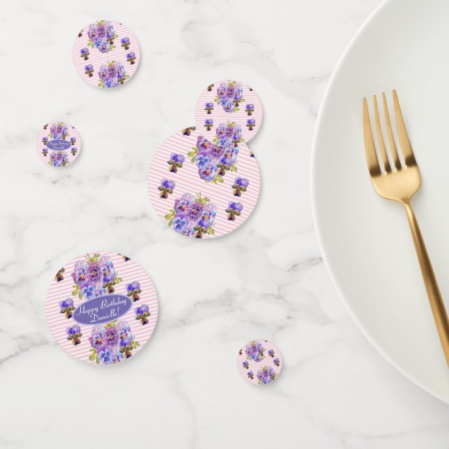 Shabby Pink Pansy Floral Party Purple Stripe Confetti (Group)