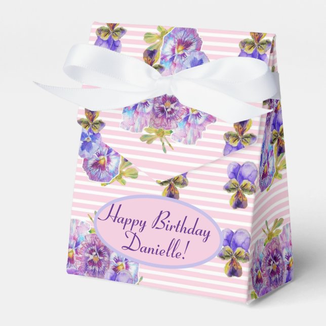 Shabby Pink Rose Floral Birthday Party Purple Favor Box (Front Side)
