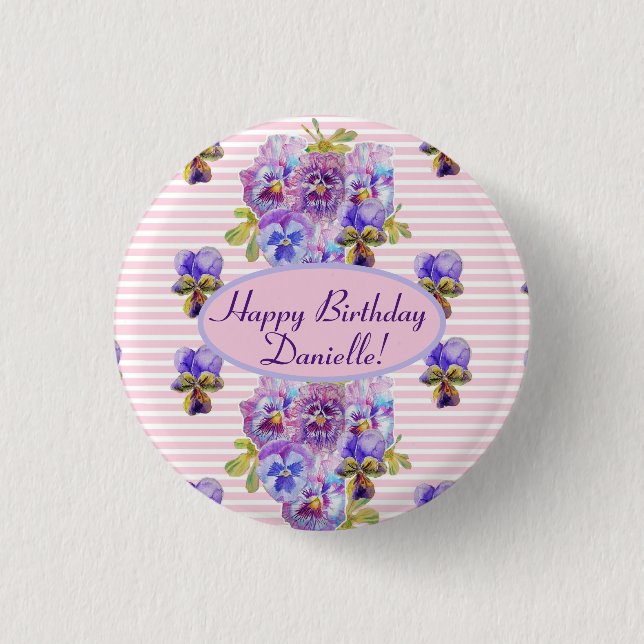 Shabby Pink Rose Floral Tea Party Purple 1 Inch Round Button (Front)