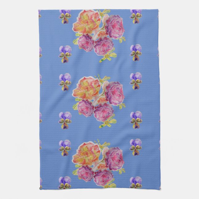 Shabby Pink Rose on Blue Floral Kitchen Tea Towel (Vertical)