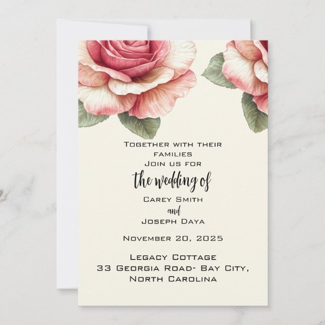 Shabby Pink Rose Wedding  Invitation (Front)