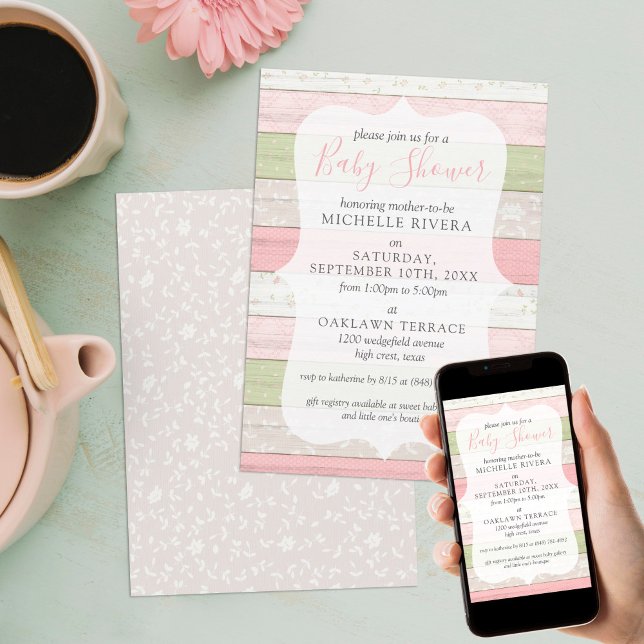 Shabby Pink & Sage Green Rustic Wood Baby Shower Invitation (Creator Uploaded)