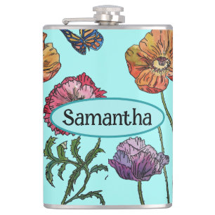  Shabby Poppy Red Purple on Aqua Customizable Name Hip Flask