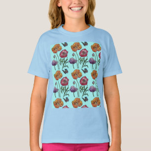  Shabby Poppy Red Purple on Aqua Customizable Name T-Shirt