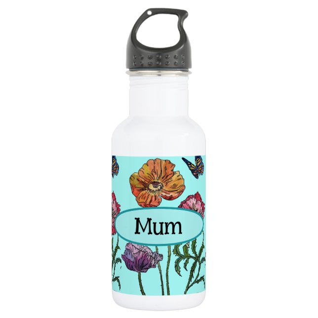  Shabby Poppy Red Purple on Aqua Mom Mothers Day 532 Ml Water Bottle (Front)