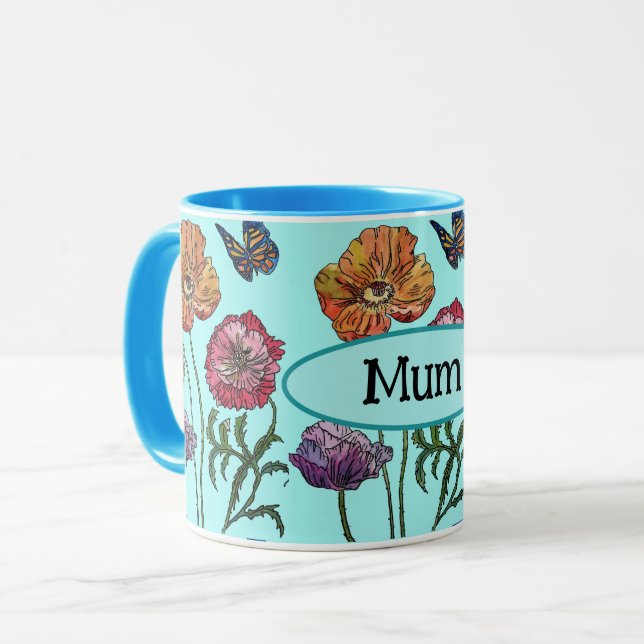  Shabby Poppy Red Purple on Aqua Mom Mothers Day Mug (Front Left)