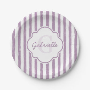 Shabby Purple Painted Stripes Monogram and Name Paper Plate