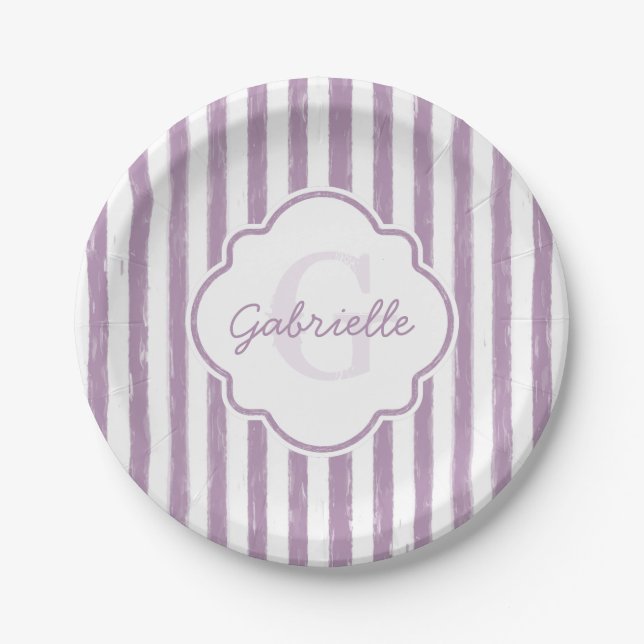 Shabby Purple Painted Stripes Monogram and Name Paper Plate (Front)
