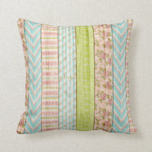 Shabby Rose Pastel Pattern on Rustic Wood Cottage Throw Pillow