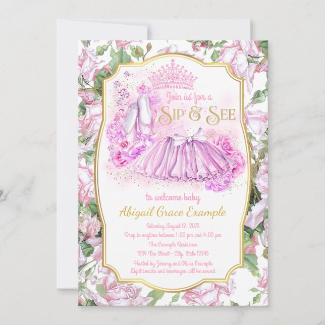 Shabby Rose Tutu Princess Sip and See Invitations (Front)
