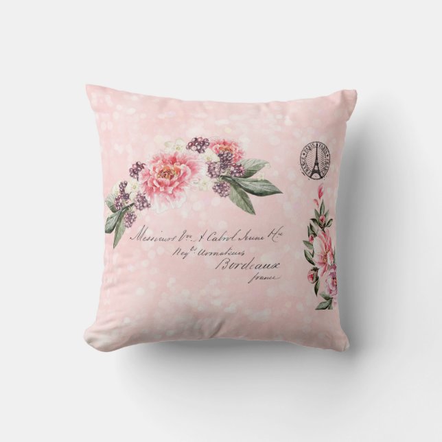 Shabby Roses French Address Paris Postmark Throw Pillow (Front)