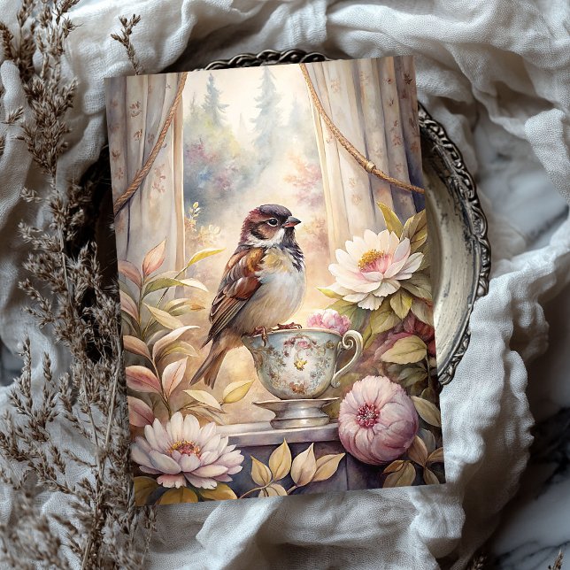 Shabby summer window with sparrow pink peonies tissue paper (Shabby summer window with sparrow pink peonies tissue paper)