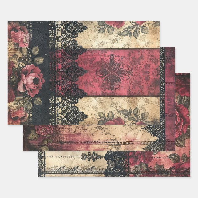 Shabby Victorian Lace Heavy Weight Decoupage Print Wrapping Paper Sheet (Set)