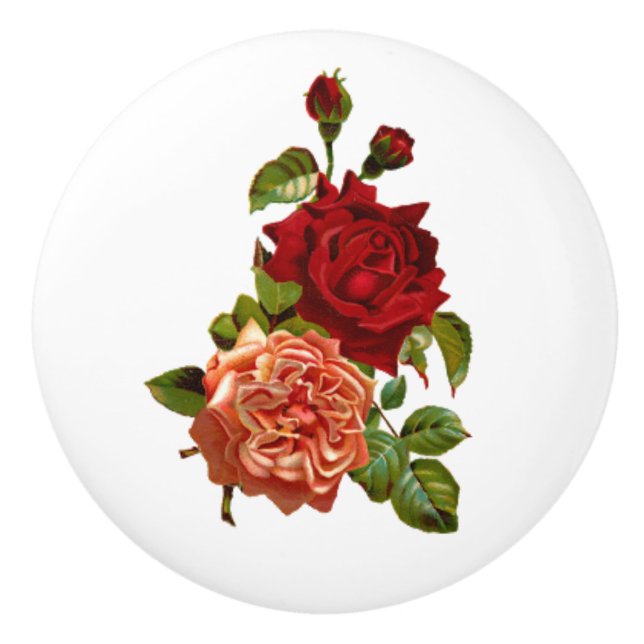 Shabby Vintage Peach and Red Roses Furniture Knobs (Front)