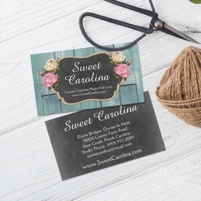 Shabby Vintage Roses Rustic Country Chalkboard Business Card (Creator Uploaded)