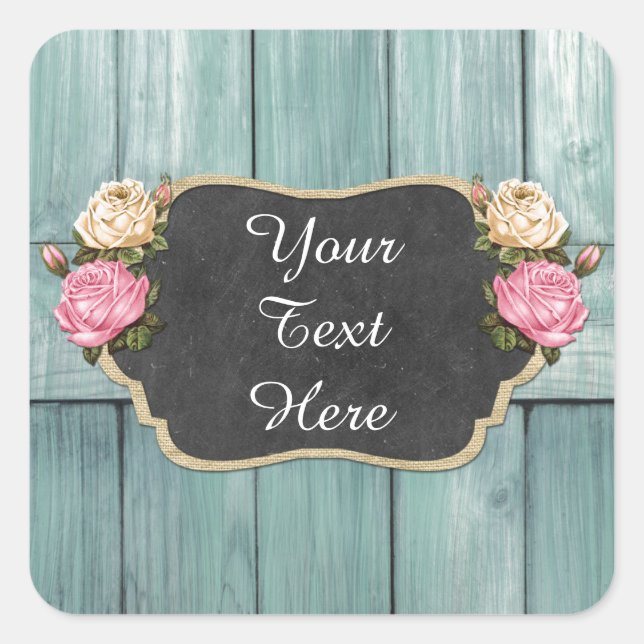 Shabby Vintage Roses Rustic Country Chalkboard Square Sticker (Front)