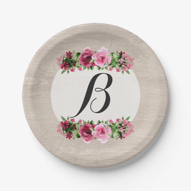 Shabby Vintage Roses Rustic Wood Monogram Paper Plate (Front)
