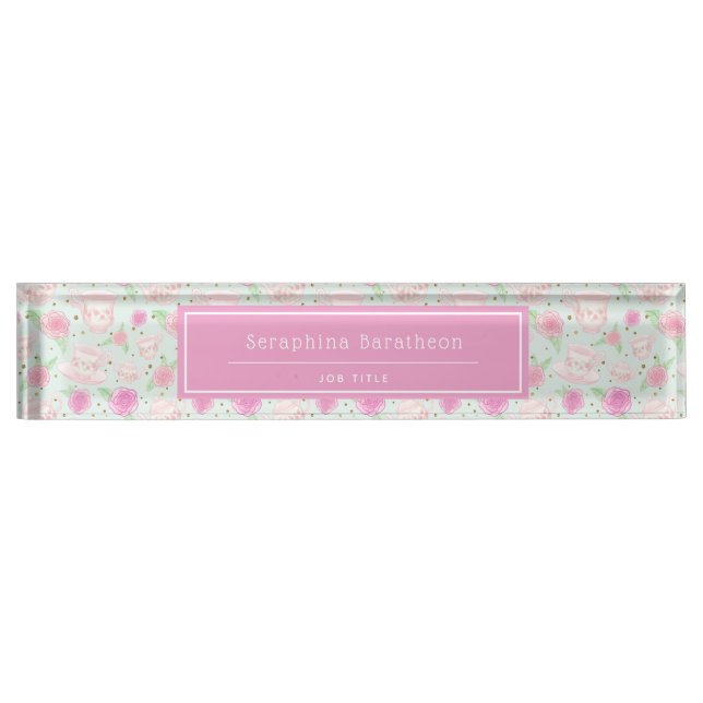 Shabby Vintage Tea Cups Pattern Personalized Nameplate (Front)