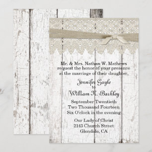 Shabby White Washed Wood and Lace Wedding Invitation