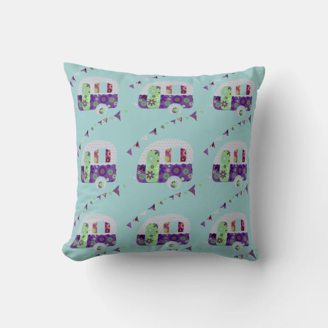 Shabbychic retro trailer, camper, caravan bunting throw pillow (Front)